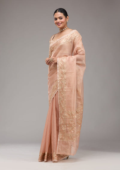 Peach Zariwork Tissue Saree-Koskii