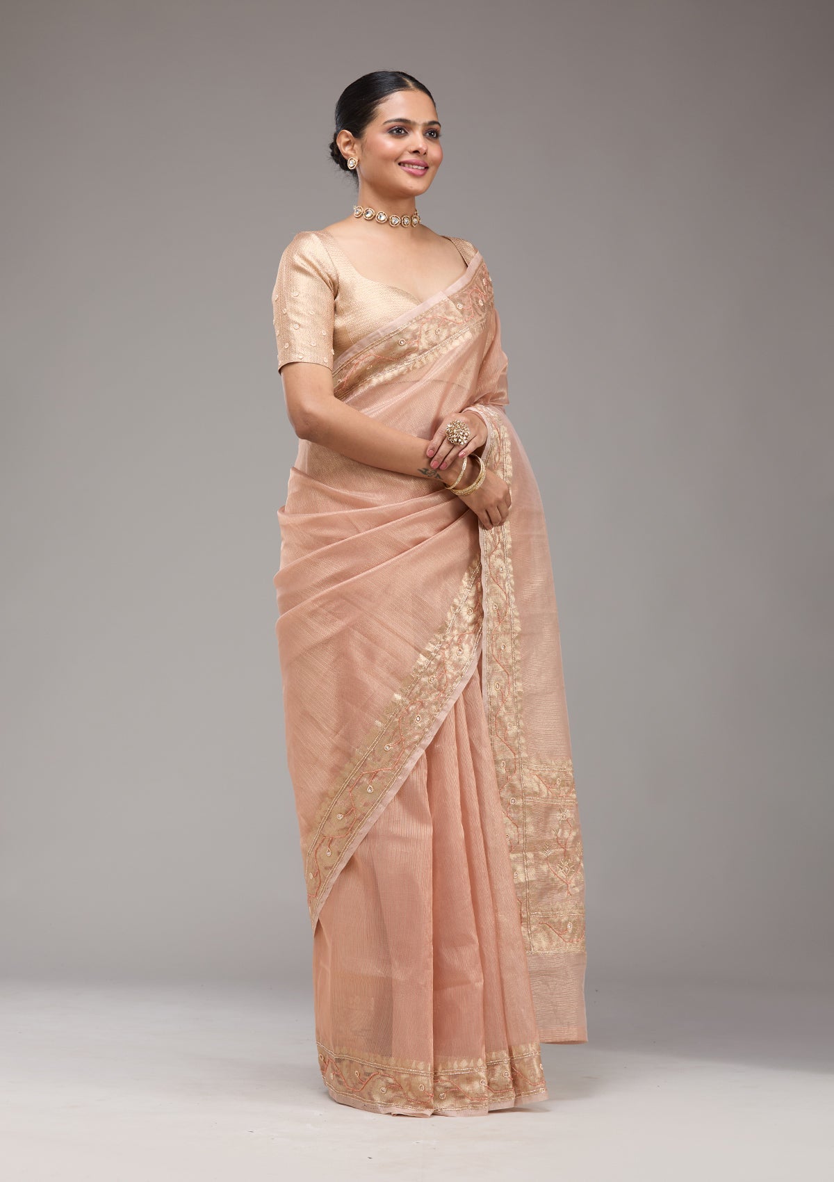 Peach Zariwork Tissue Saree-Koskii