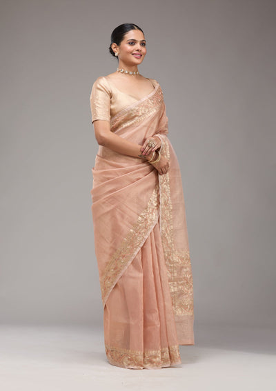 Peach Zariwork Tissue Saree-Koskii