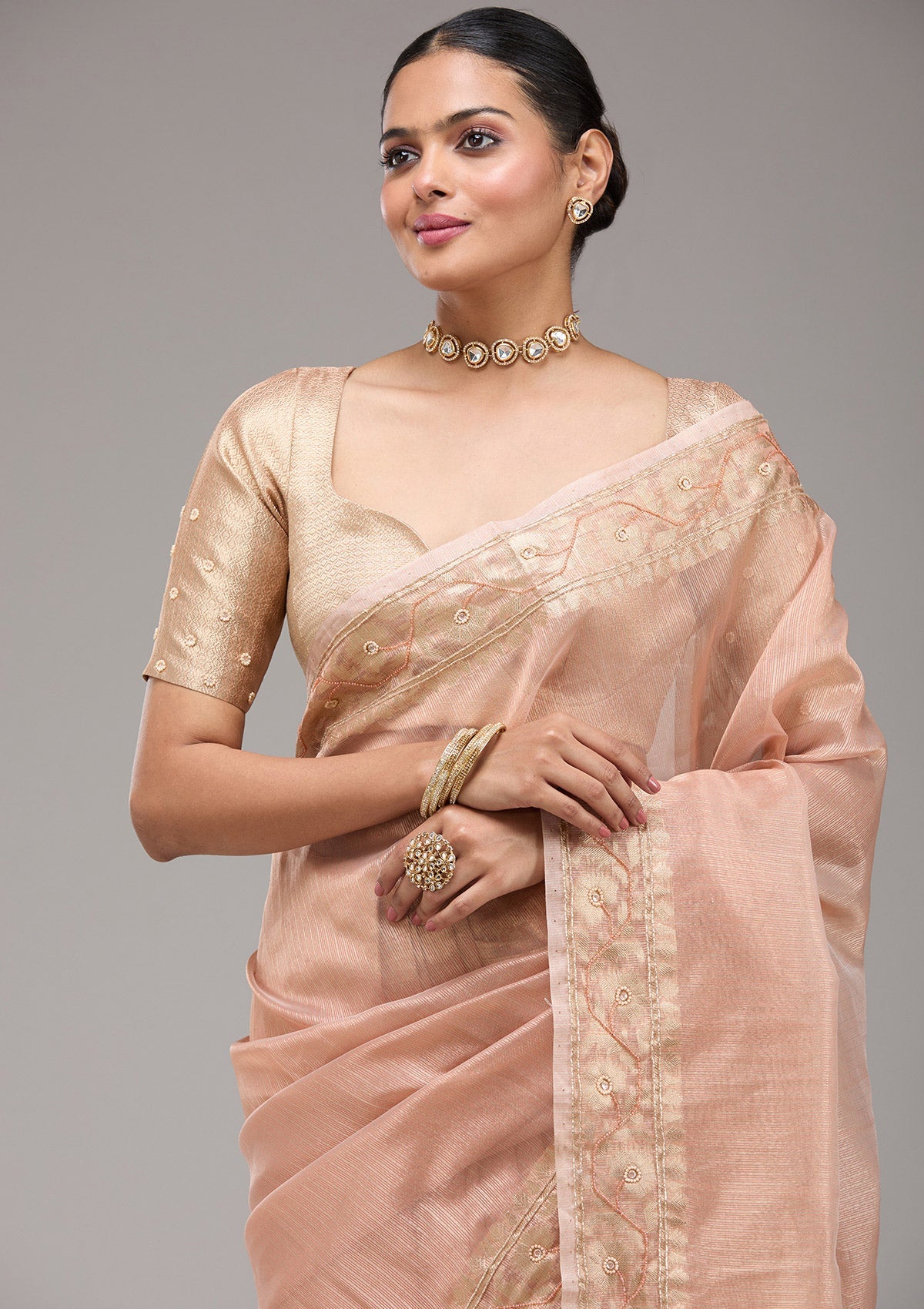 Peach Zariwork Tissue Saree-Koskii