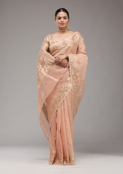 Peach Zariwork Tissue Saree-Koskii