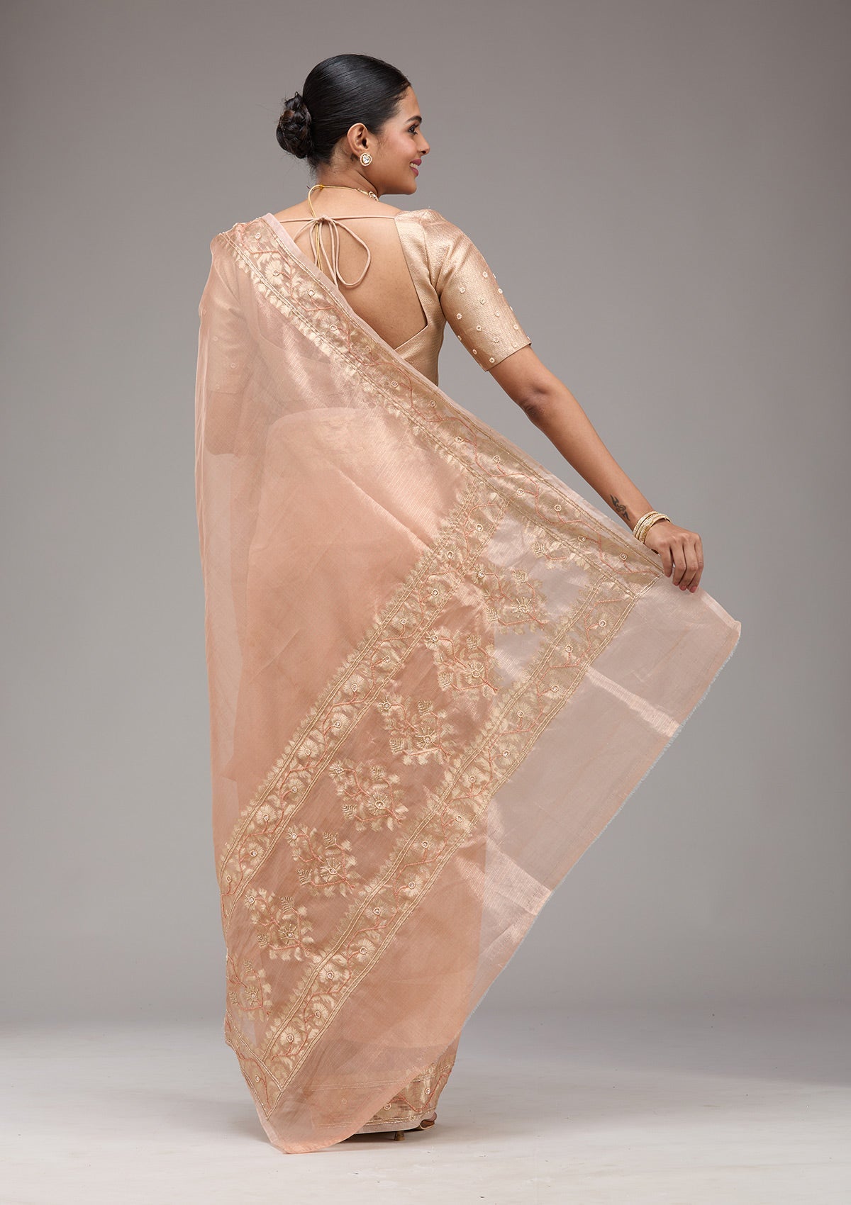 Peach Zariwork Tissue Saree-Koskii