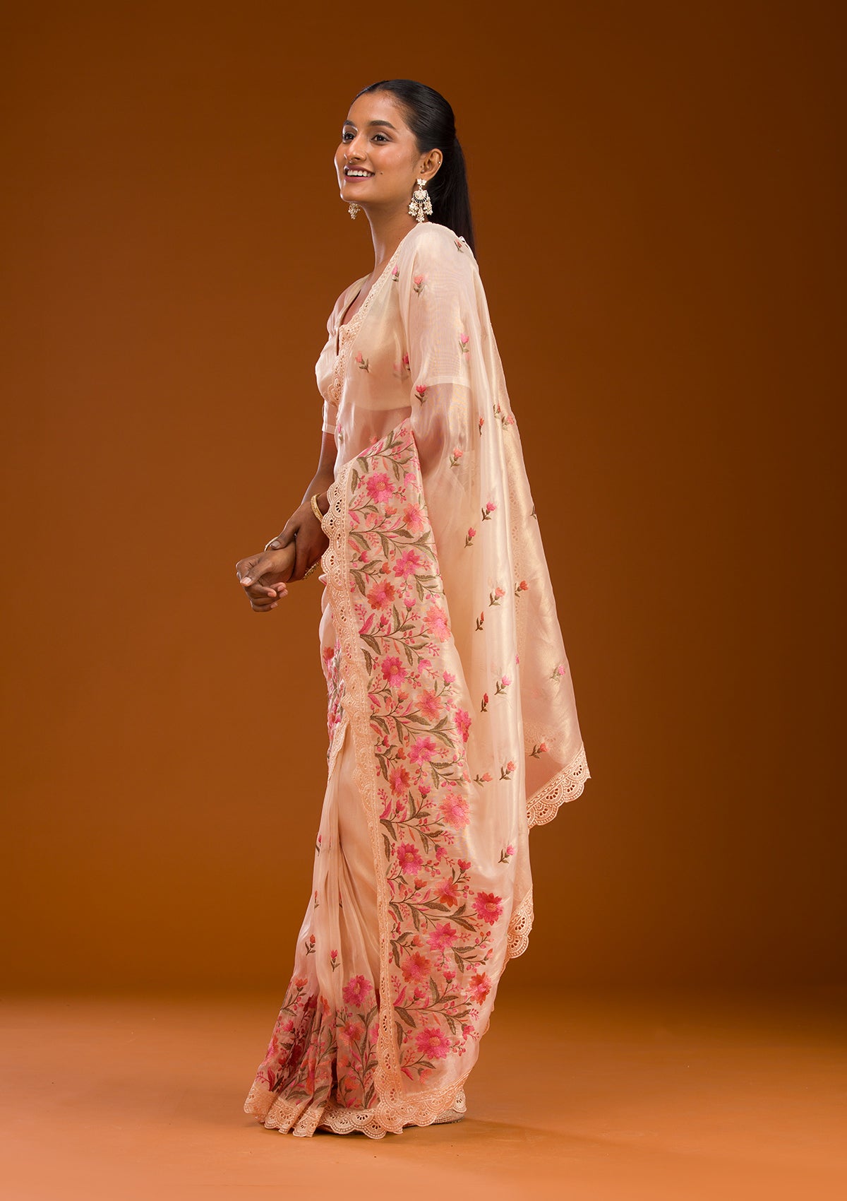 Peach Threadwork Tissue Saree-Koskii