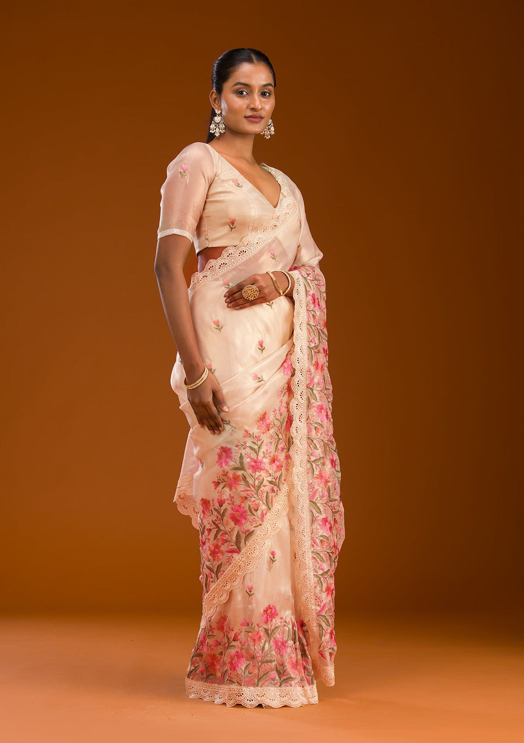 Peach Threadwork Tissue Saree-Koskii
