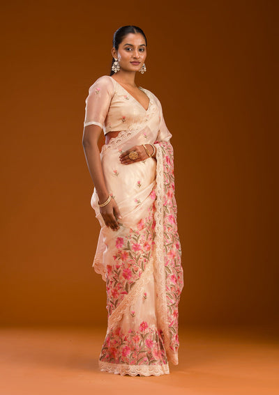 Peach Threadwork Tissue Saree-Koskii