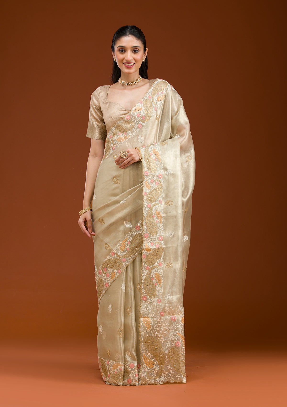 Yellow Threadwork Tissue Saree-Koskii