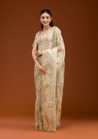 Yellow Threadwork Tissue Saree-Koskii