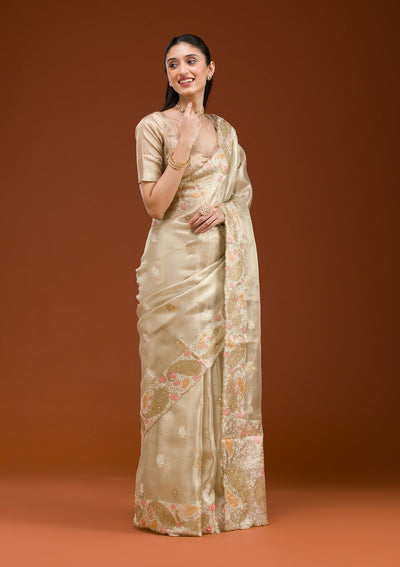 Yellow Threadwork Tissue Saree-Koskii