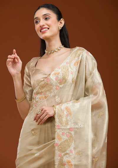 Yellow Threadwork Tissue Saree-Koskii