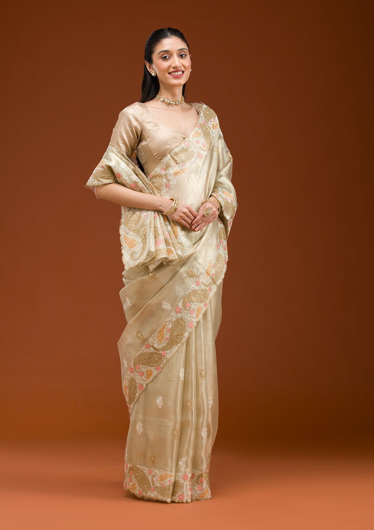 Yellow Threadwork Tissue Saree-Koskii