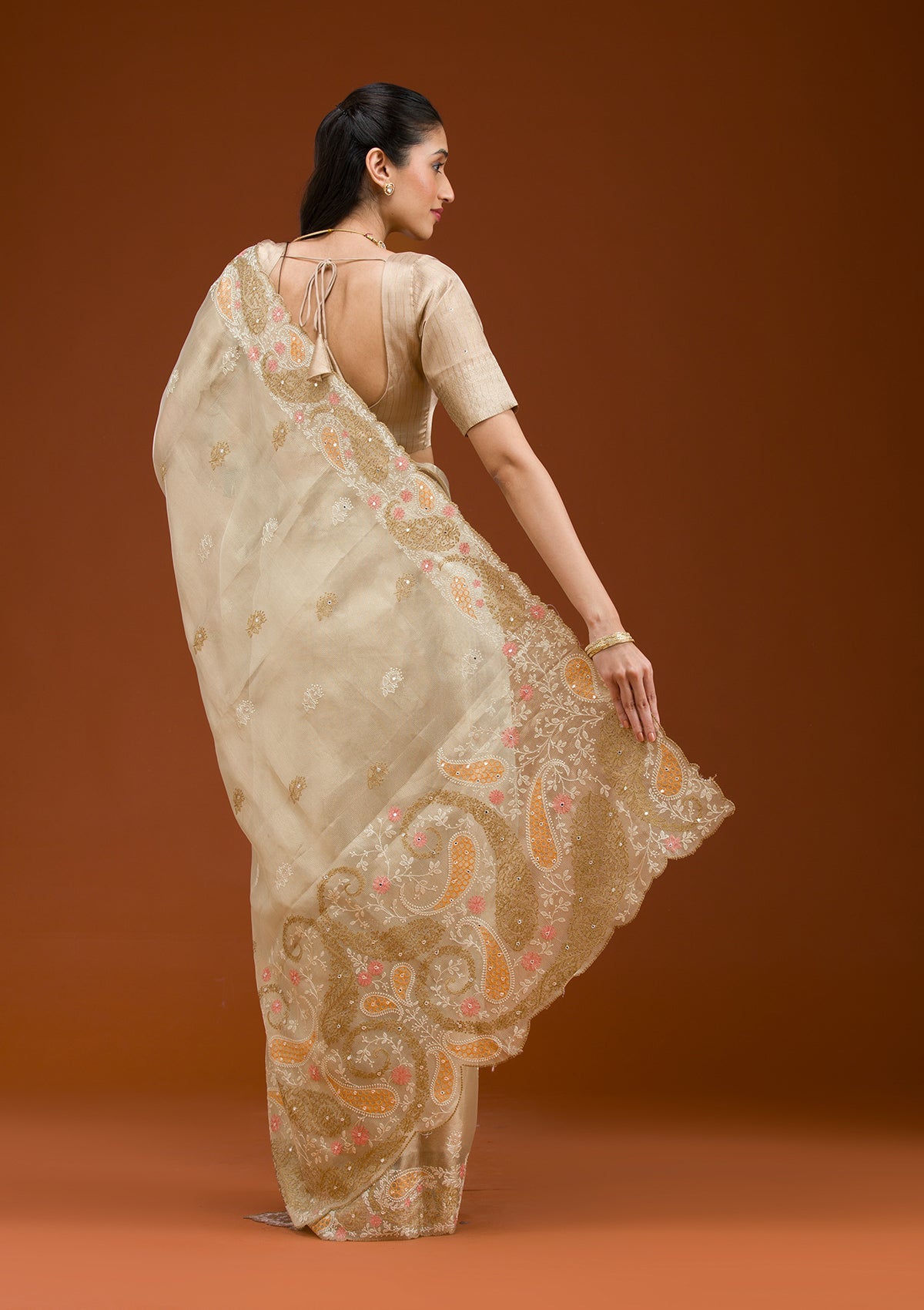 Yellow Threadwork Tissue Saree-Koskii