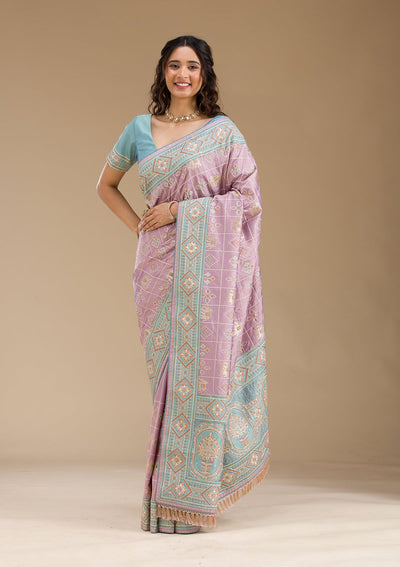 Purple Threadwork Imported Fabric Saree-Koskii