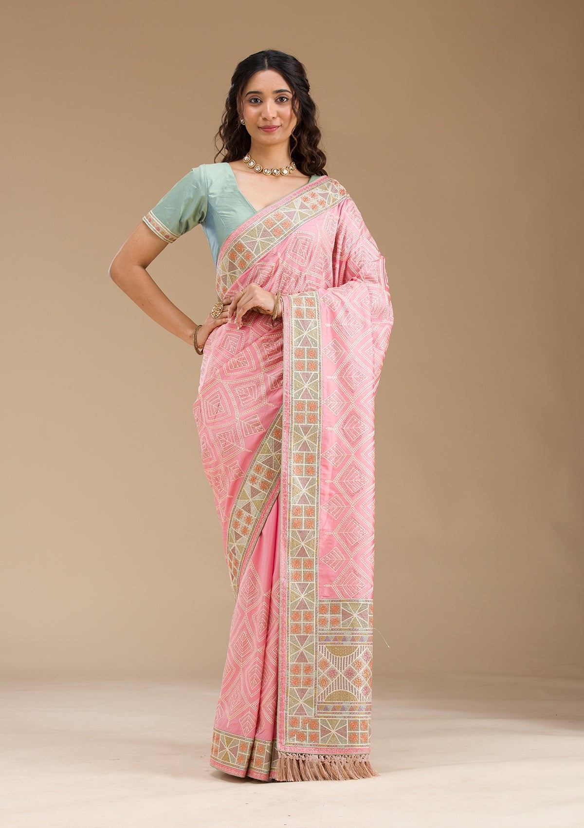 Baby Pink Stonework Imported Fabric Saree-Koskii