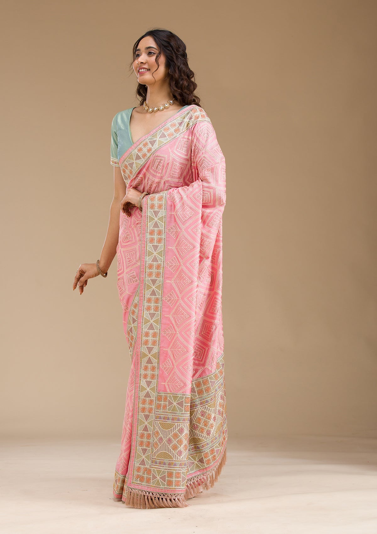 Baby Pink Stonework Imported Fabric Saree-Koskii