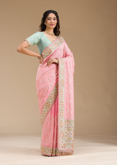 Baby Pink Stonework Imported Fabric Saree-Koskii