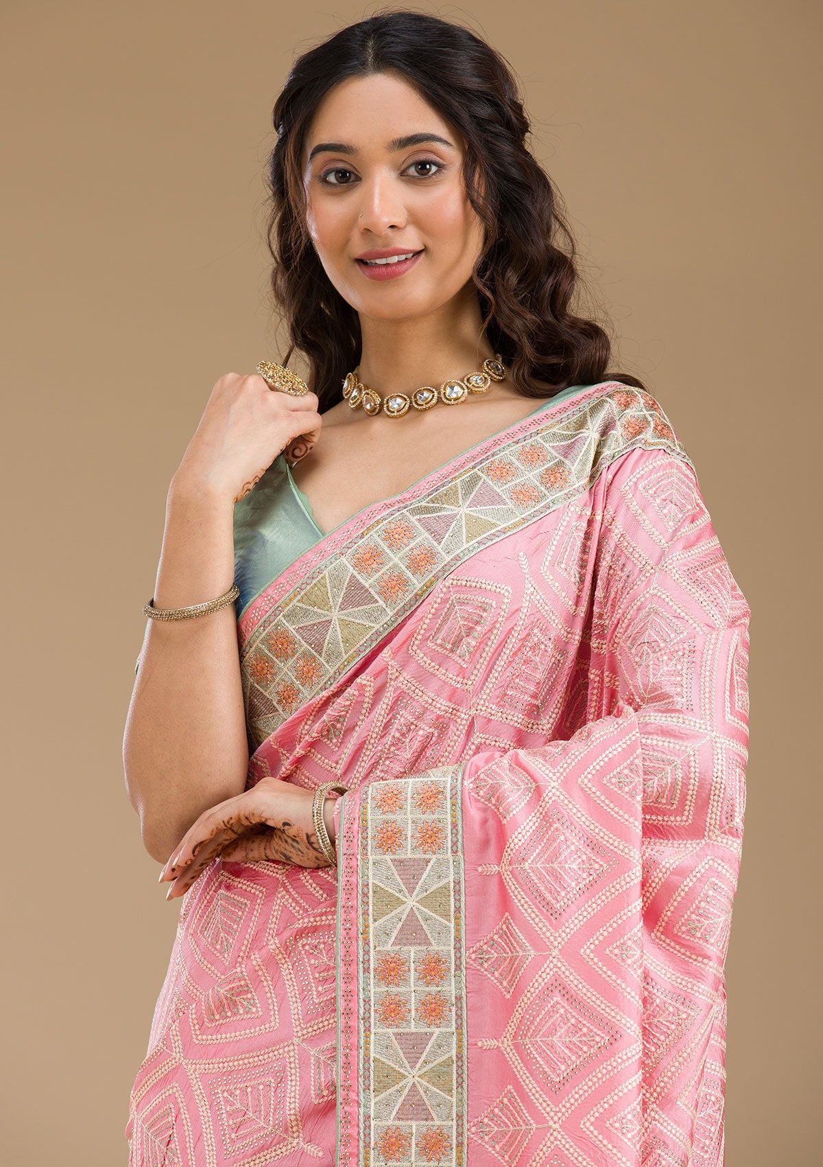 Baby Pink Stonework Imported Fabric Saree-Koskii