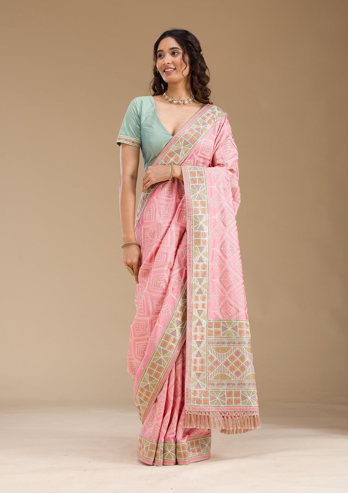 Baby Pink Stonework Imported Fabric Saree-Koskii