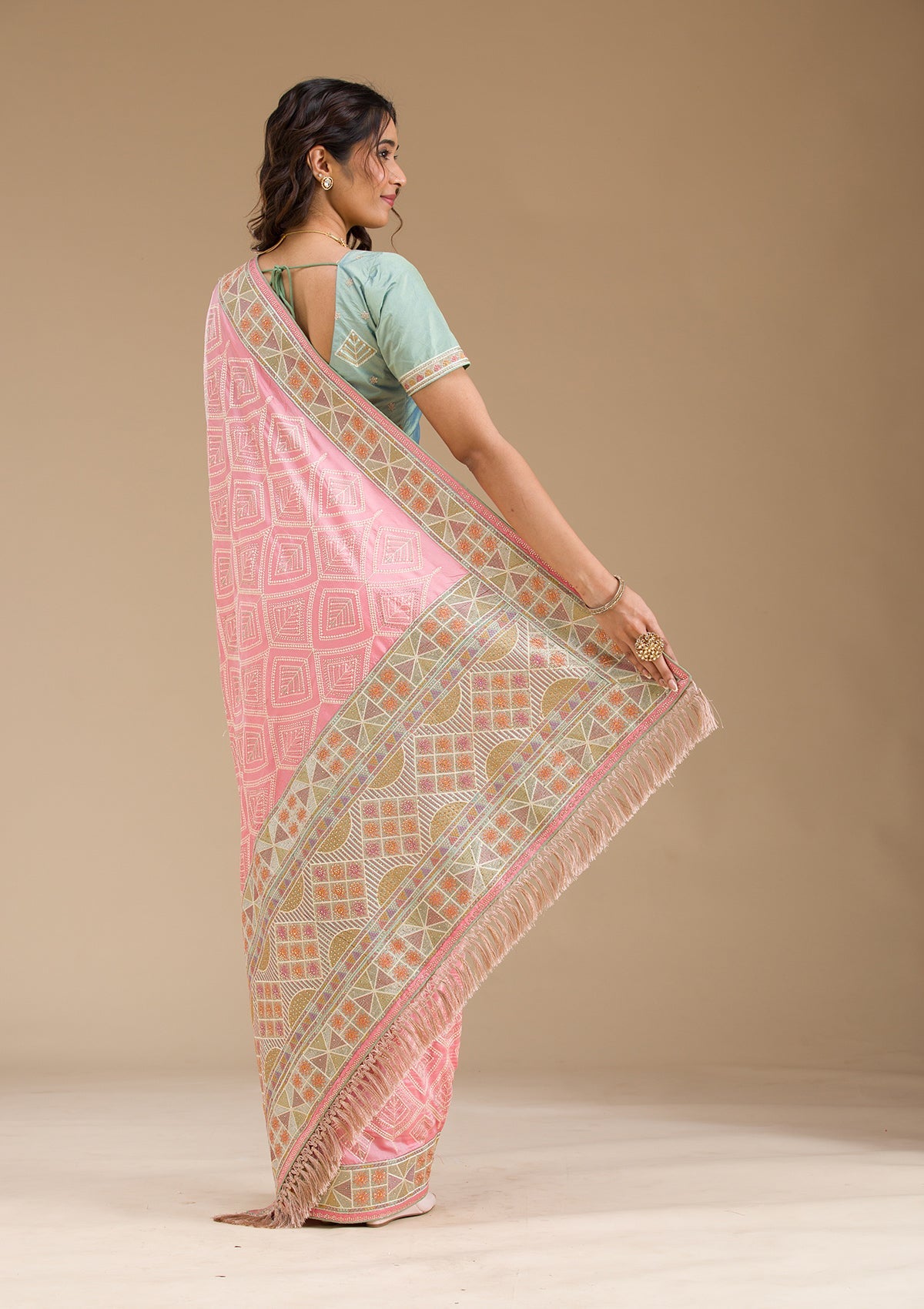 Baby Pink Stonework Imported Fabric Saree-Koskii