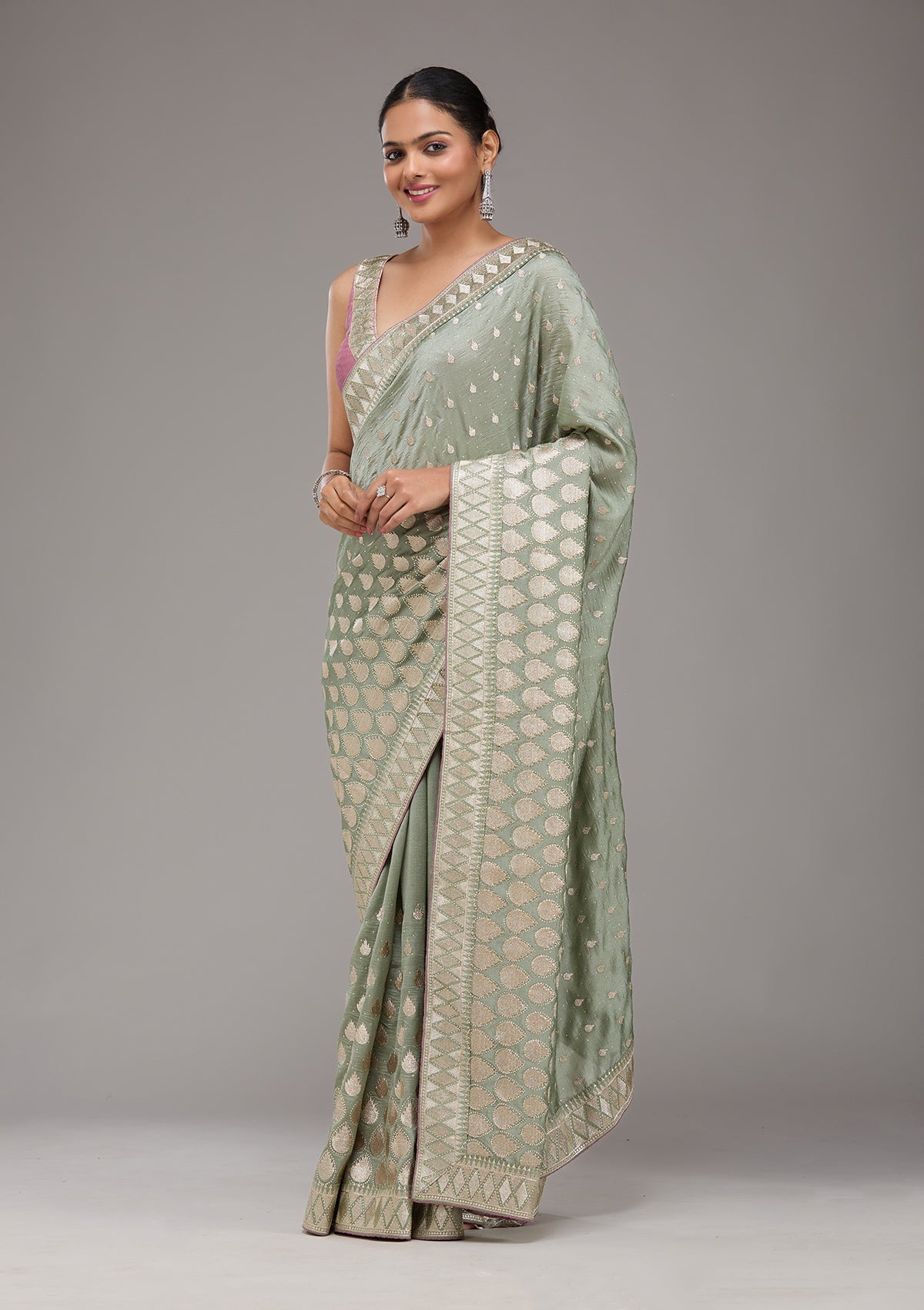 Pista Green Stonework Art Silk Saree-Koskii