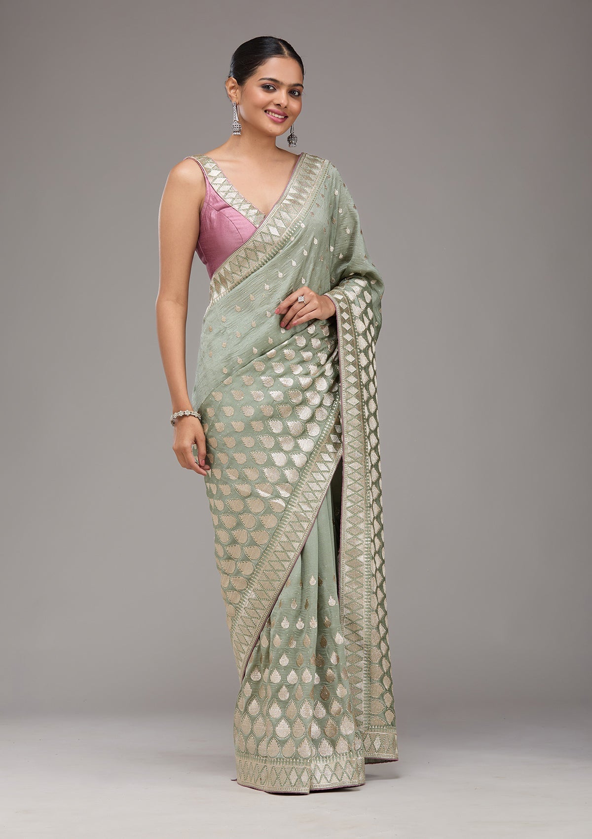 Pista Green Stonework Art Silk Saree-Koskii