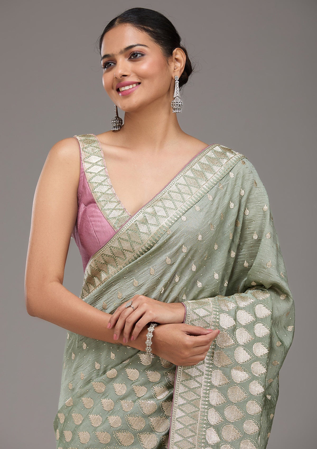 Pista Green Stonework Art Silk Saree-Koskii