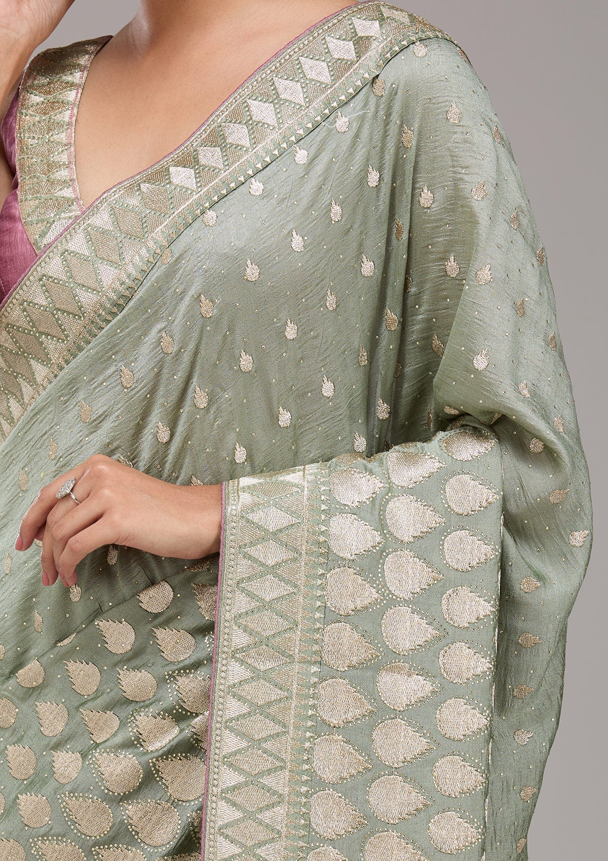 Pista Green Stonework Art Silk Saree-Koskii