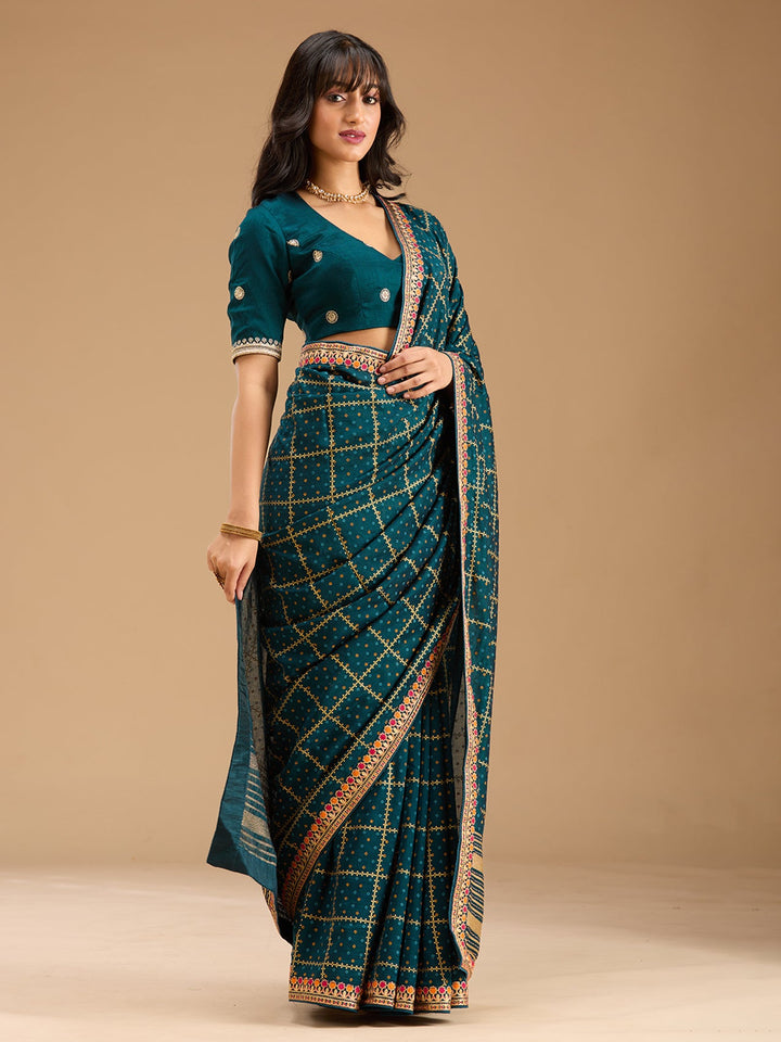 Peacock Blue Zariwork (Gold) Soft Raw Silk Saree-Koskii