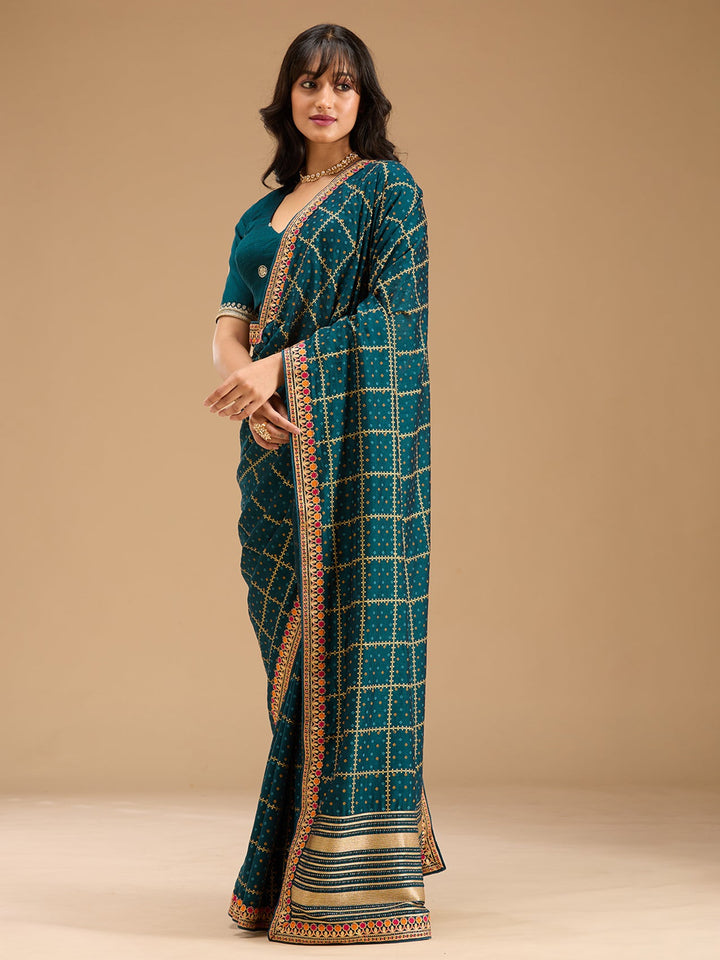 Peacock Blue Zariwork (Gold) Soft Raw Silk Saree-Koskii