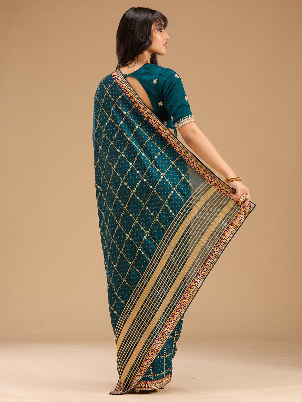Peacock Blue Zariwork (Gold) Soft Raw Silk Saree-Koskii