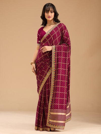 Wine Zariwork (Gold) Soft Raw Silk Saree-Koskii