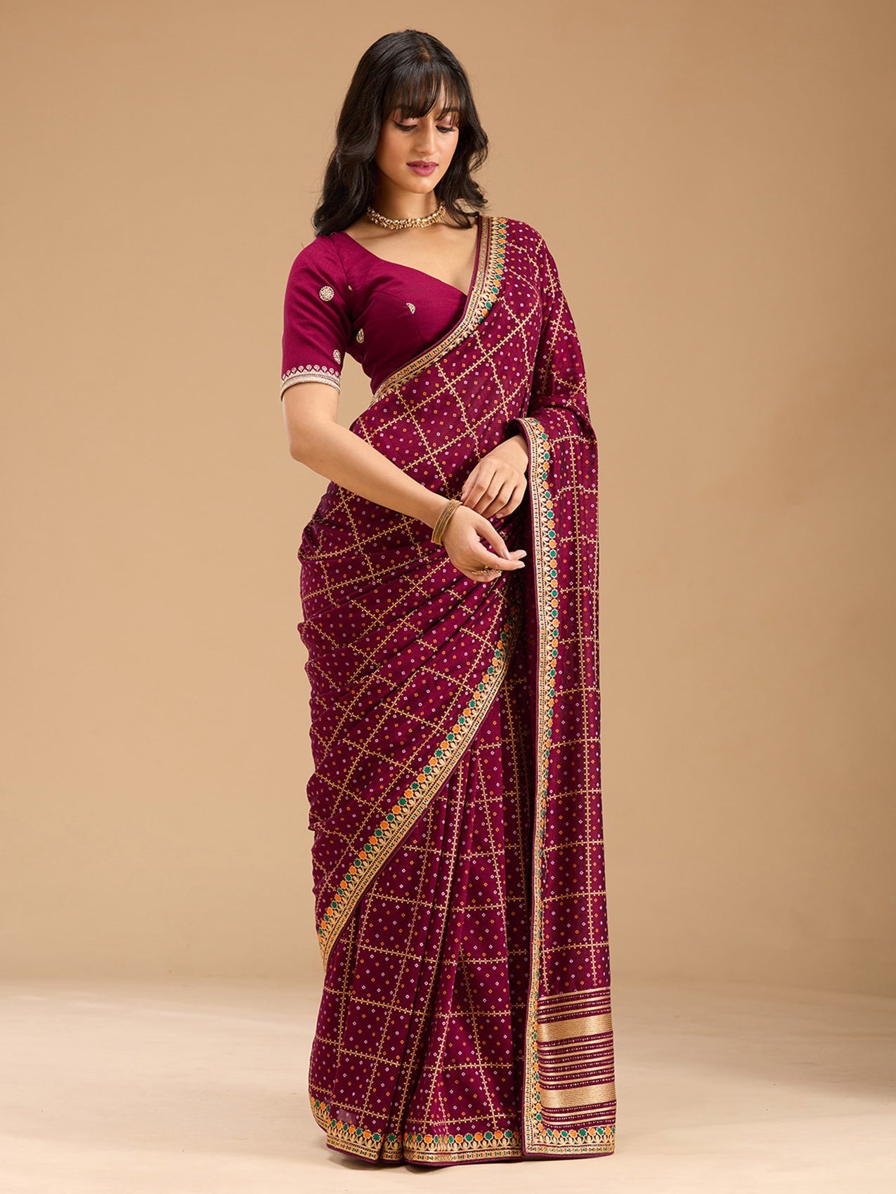 Wine Zariwork (Gold) Soft Raw Silk Saree-Koskii