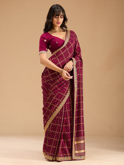 Wine Zariwork (Gold) Soft Raw Silk Saree-Koskii