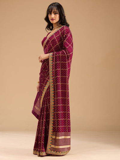 Wine Zariwork (Gold) Soft Raw Silk Saree-Koskii