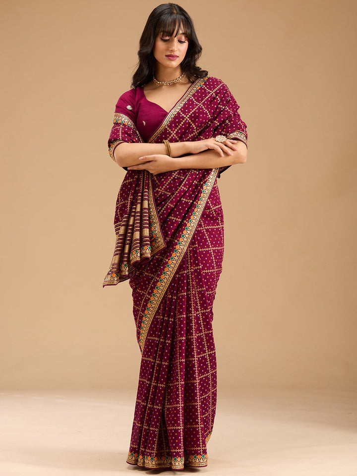 Wine Zariwork (Gold) Soft Raw Silk Saree-Koskii