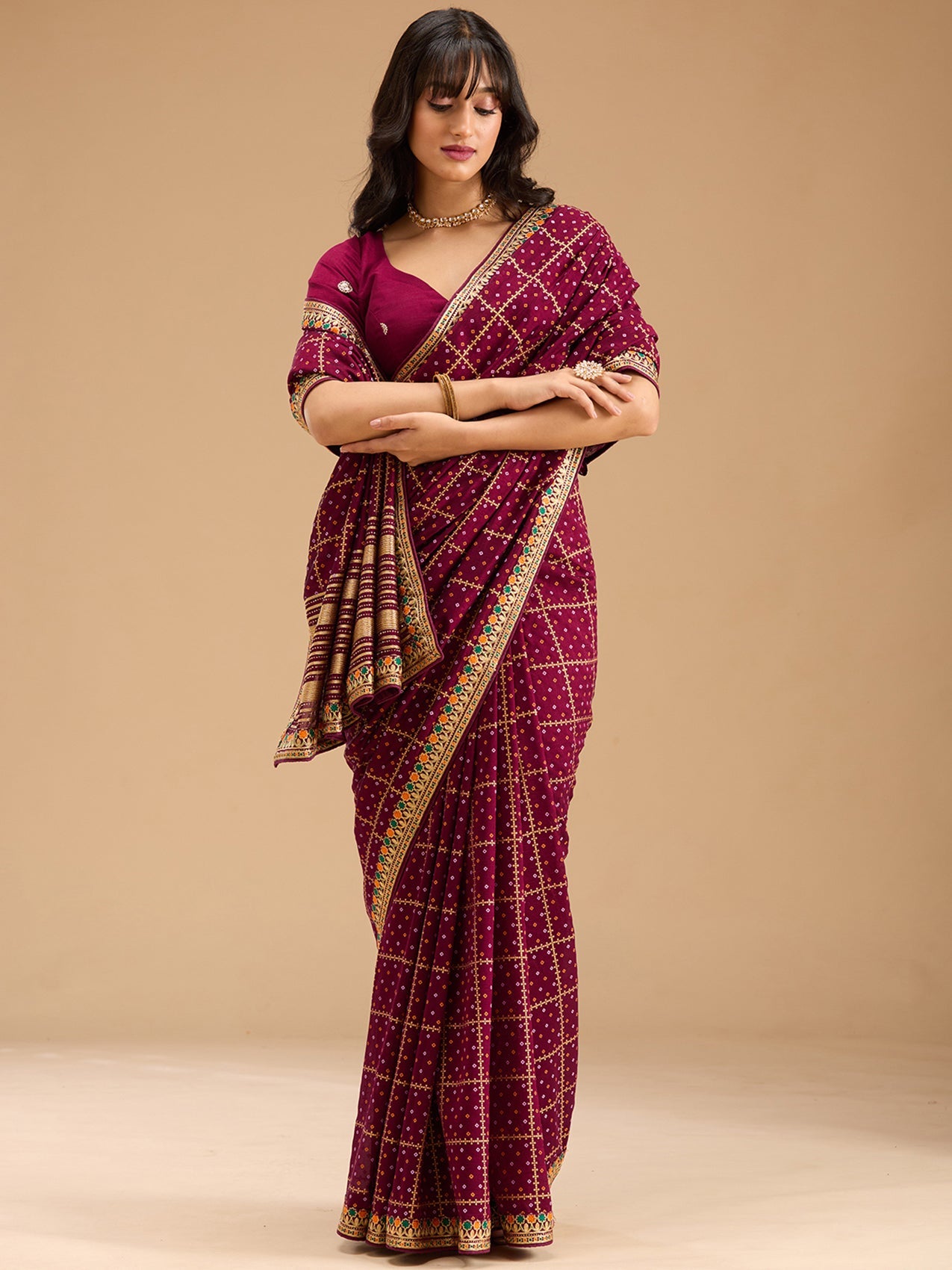 Wine Zariwork (Gold) Soft Raw Silk Saree-Koskii