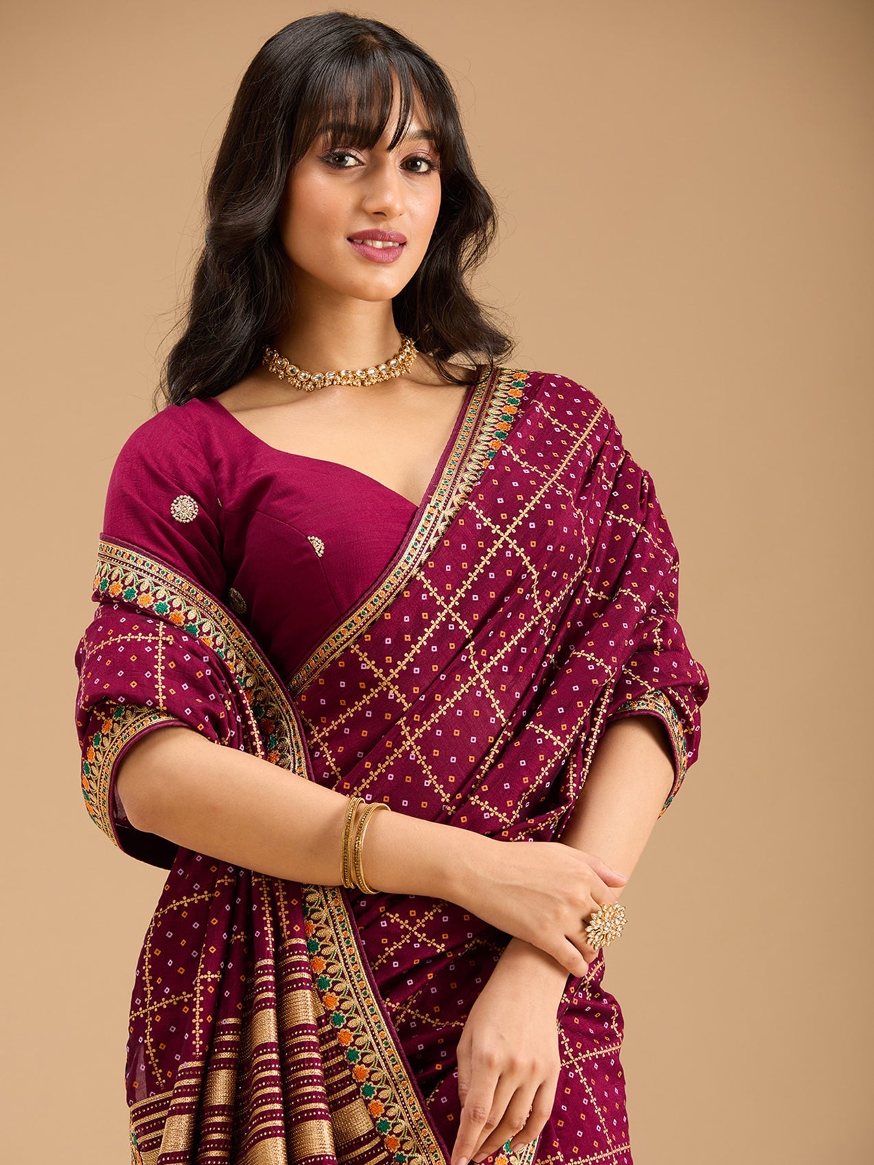 Wine Zariwork (Gold) Soft Raw Silk Saree-Koskii