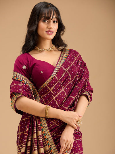 Wine Zariwork (Gold) Soft Raw Silk Saree-Koskii