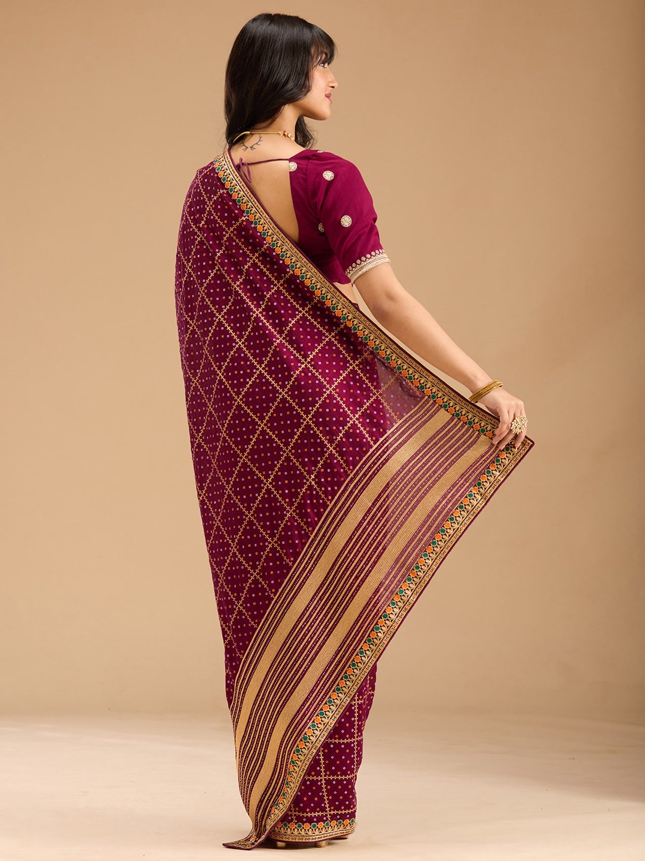 Wine Zariwork (Gold) Soft Raw Silk Saree-Koskii