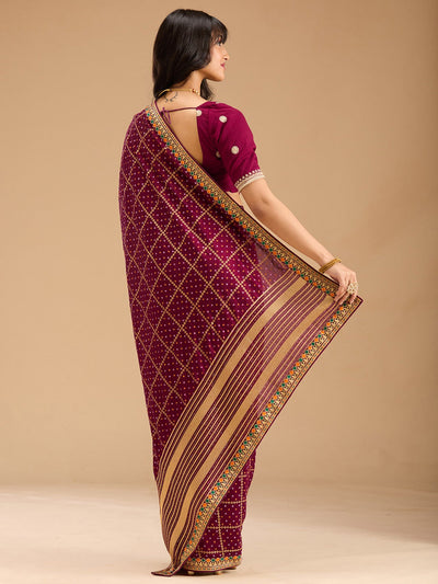 Wine Zariwork (Gold) Soft Raw Silk Saree-Koskii