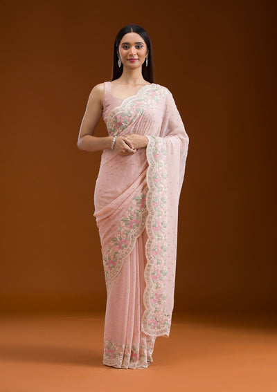 Peach Sequins Georgette Saree-Koskii