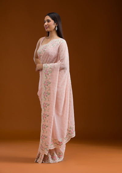 Peach Sequins Georgette Saree-Koskii