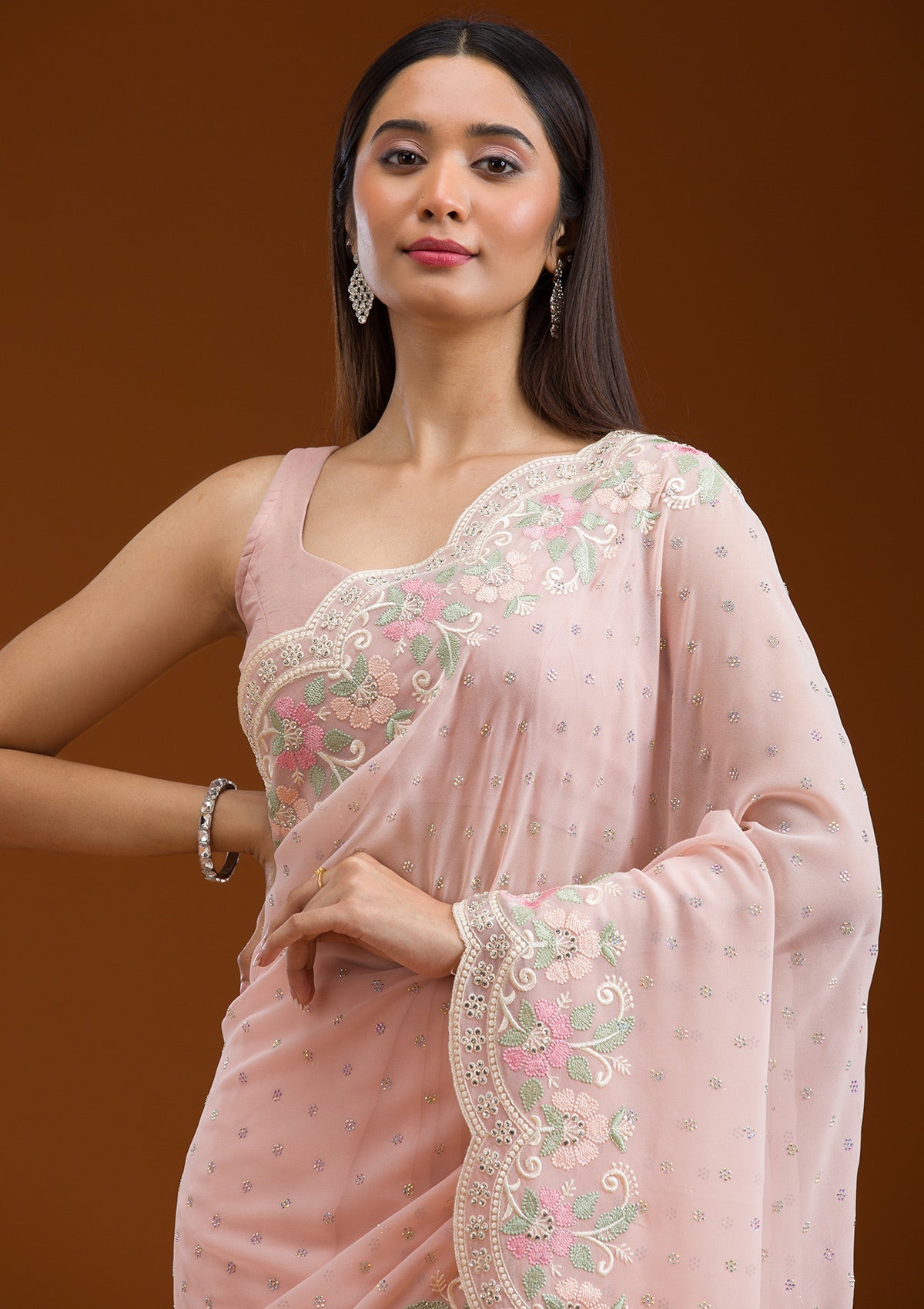 Peach Sequins Georgette Saree-Koskii