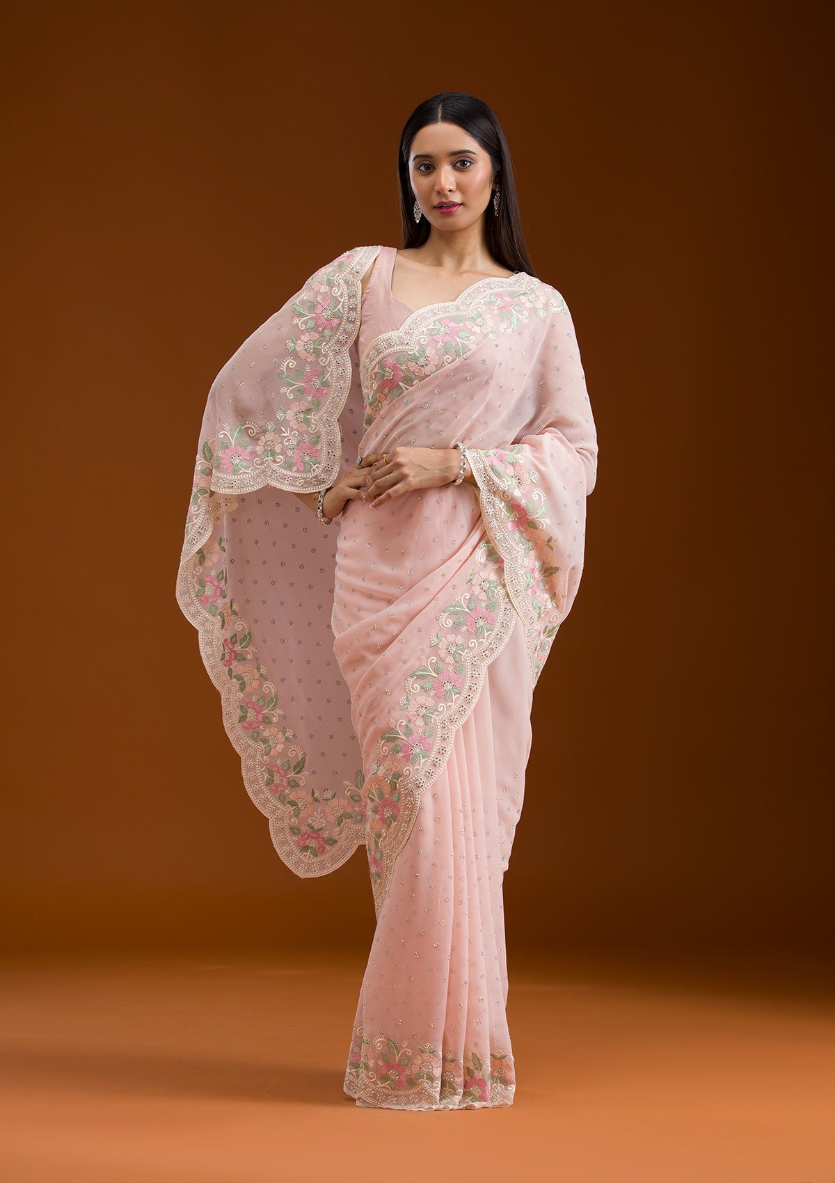 Peach Sequins Georgette Saree-Koskii