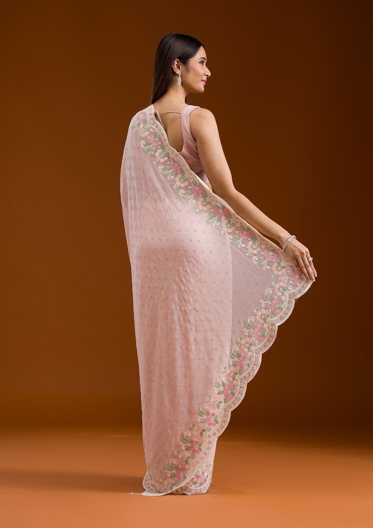 Peach Sequins Georgette Saree-Koskii