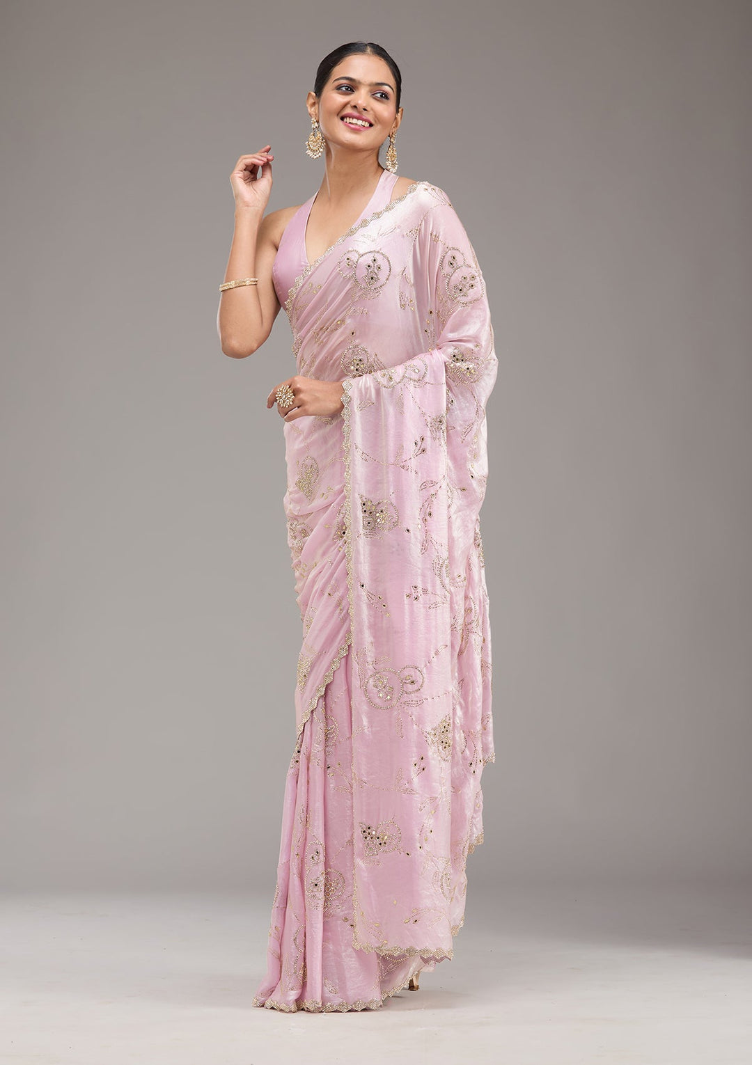 Pink Stonework Tissue Saree-Koskii