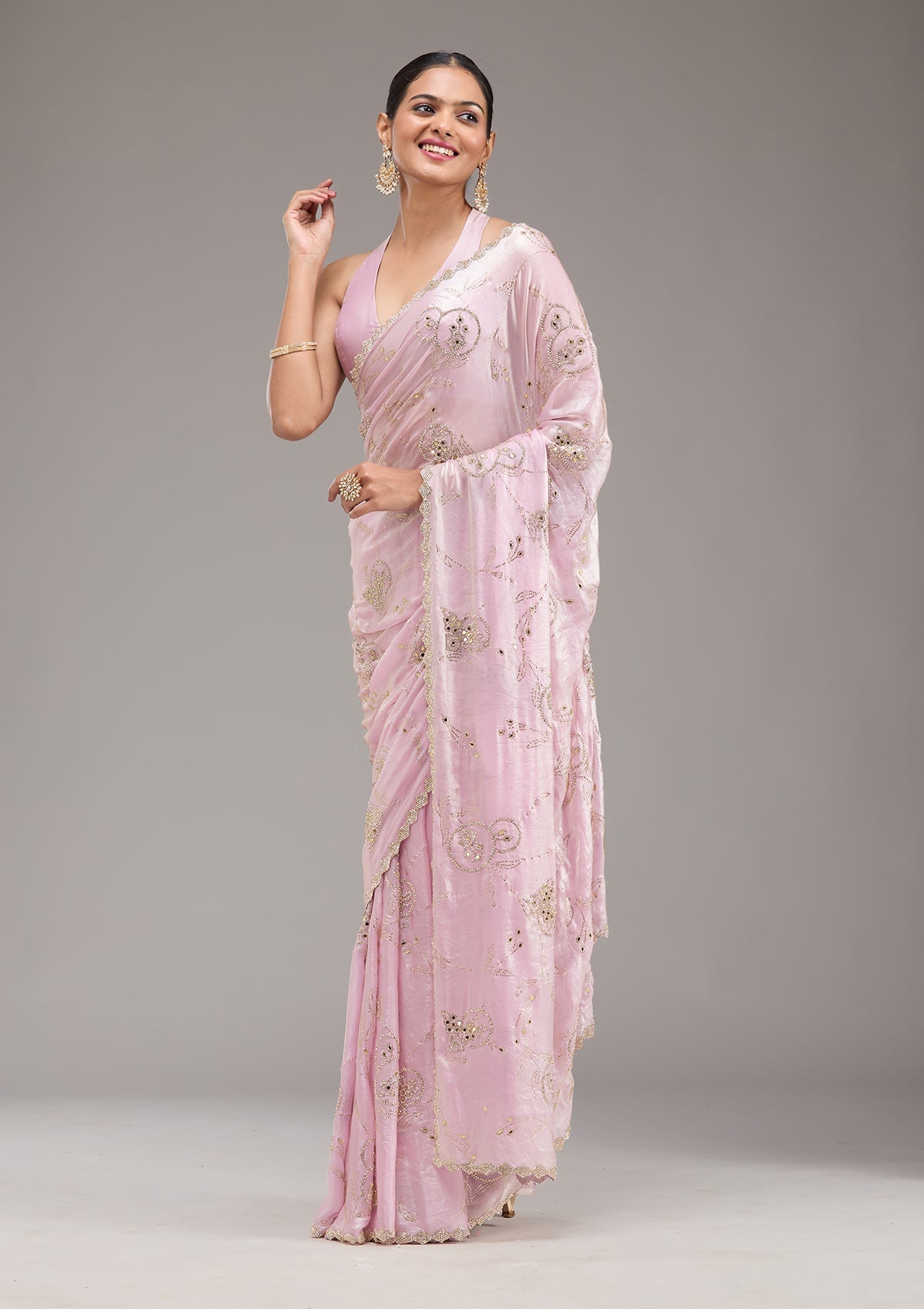 Pink Stonework Tissue Saree-Koskii