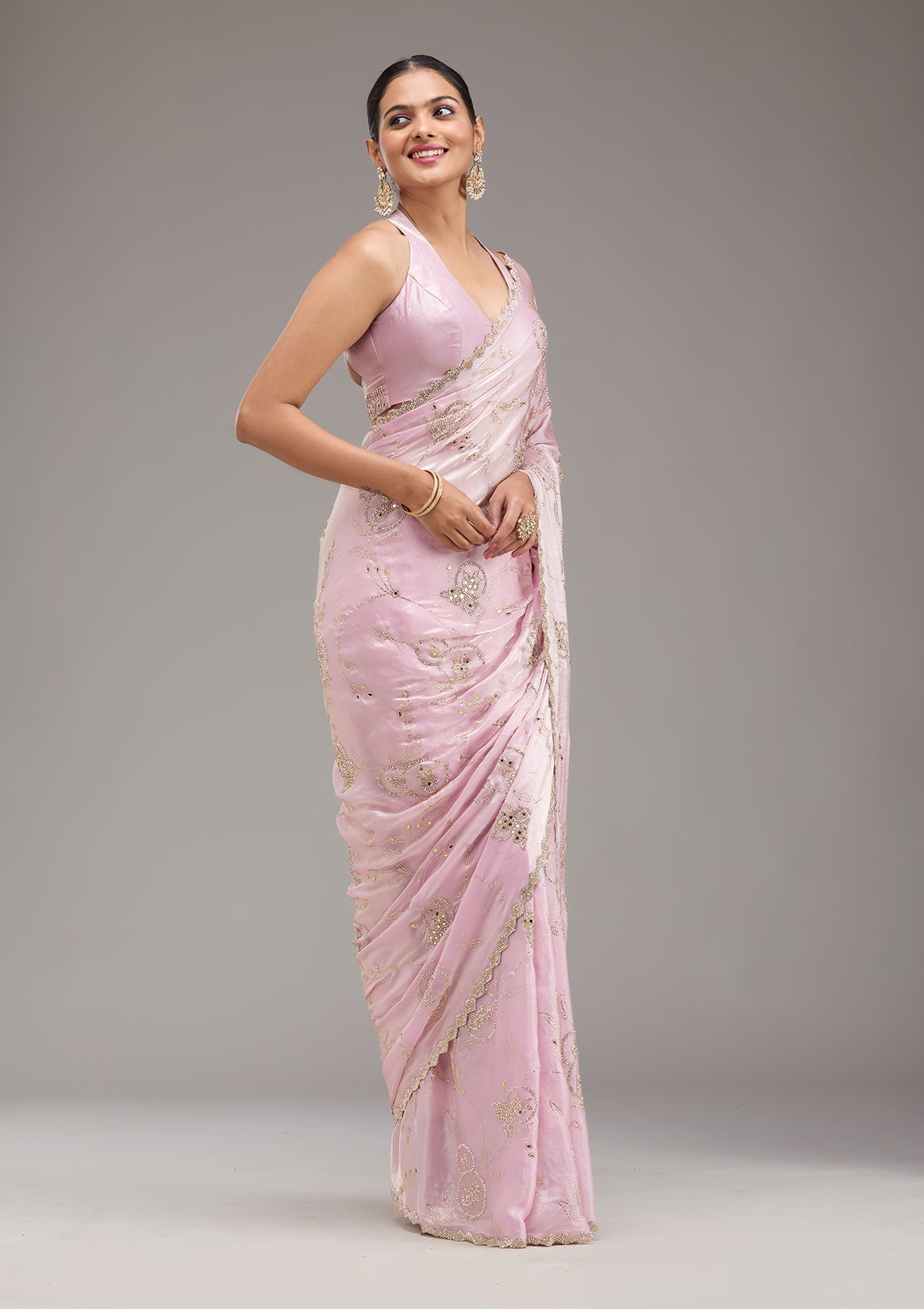 Pink Stonework Tissue Saree-Koskii