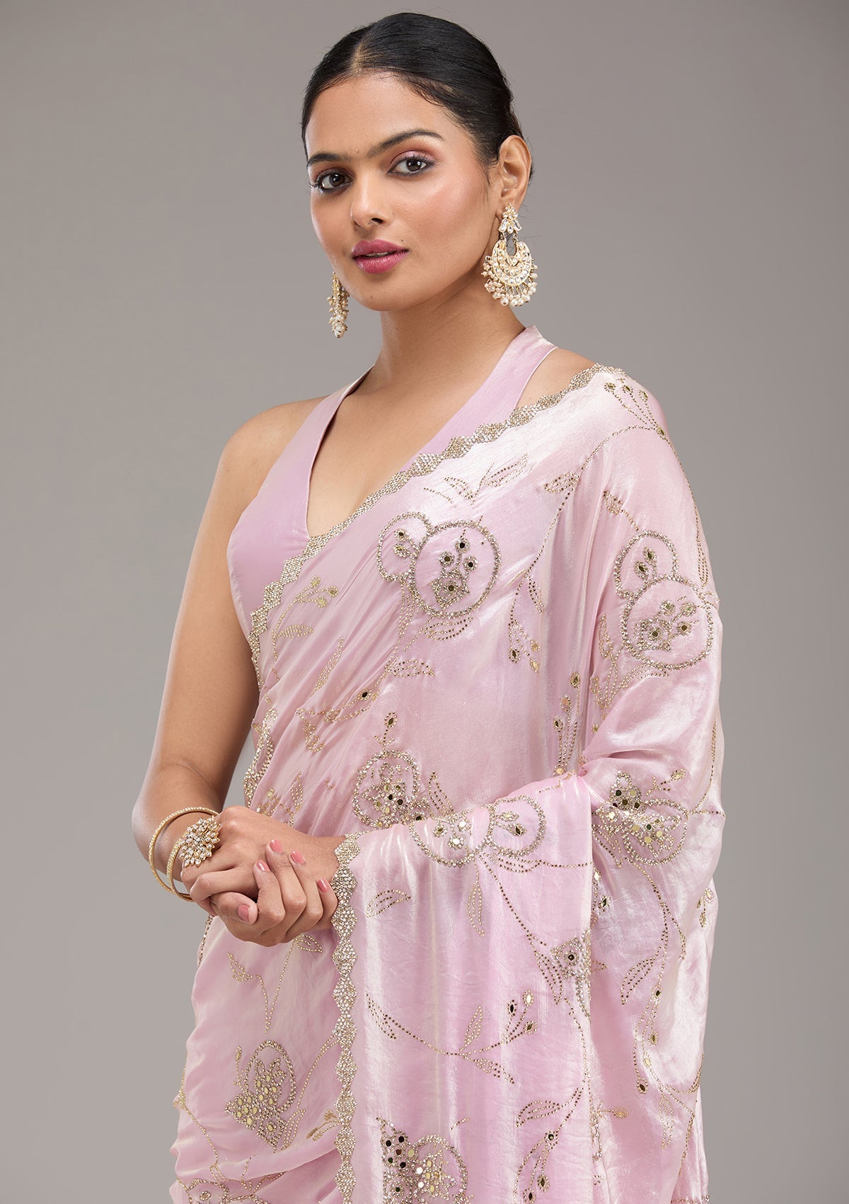 Pink Stonework Tissue Saree-Koskii