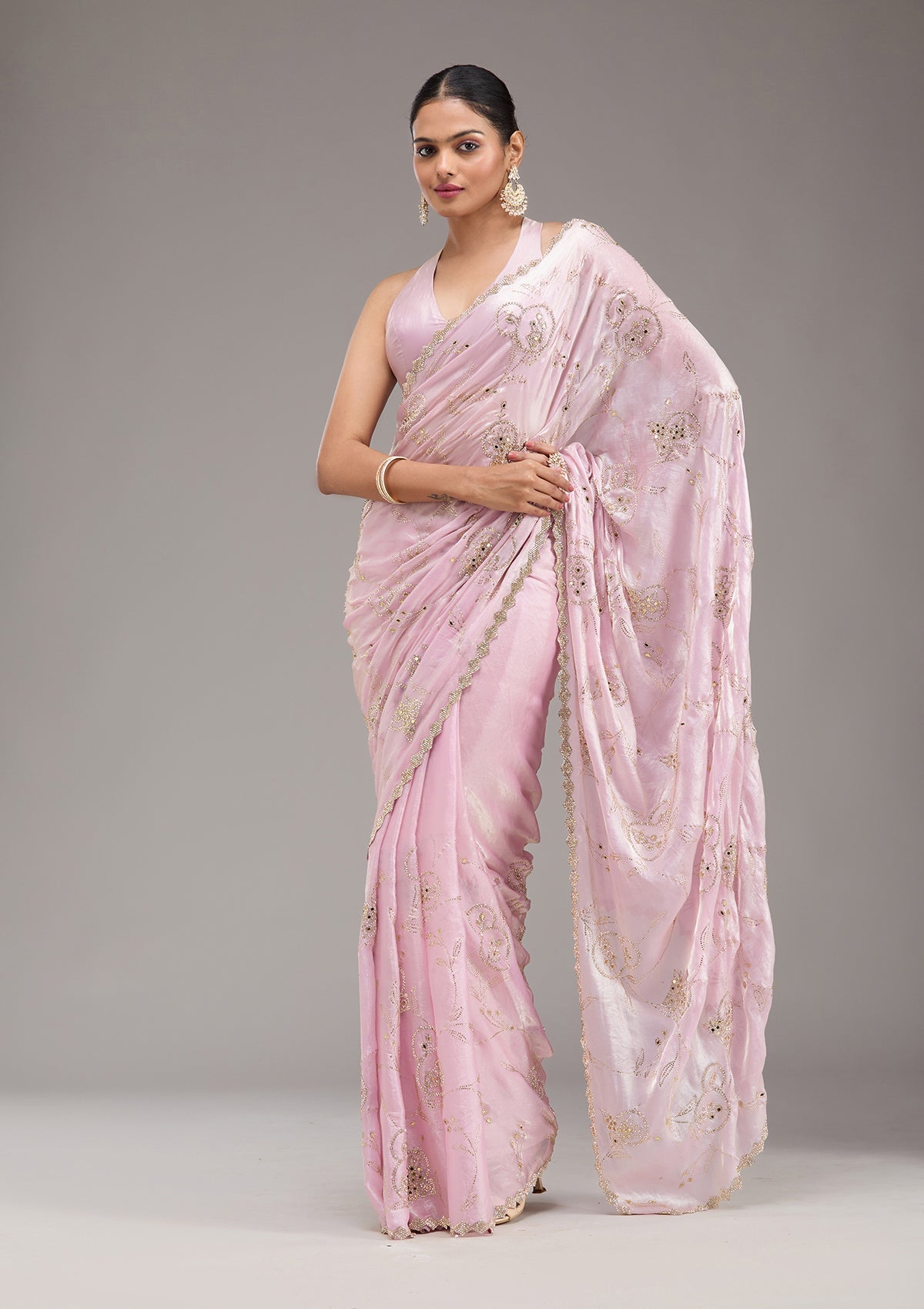 Pink Stonework Tissue Saree-Koskii