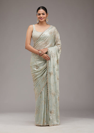 Pista Green Stonework Tissue Saree-Koskii